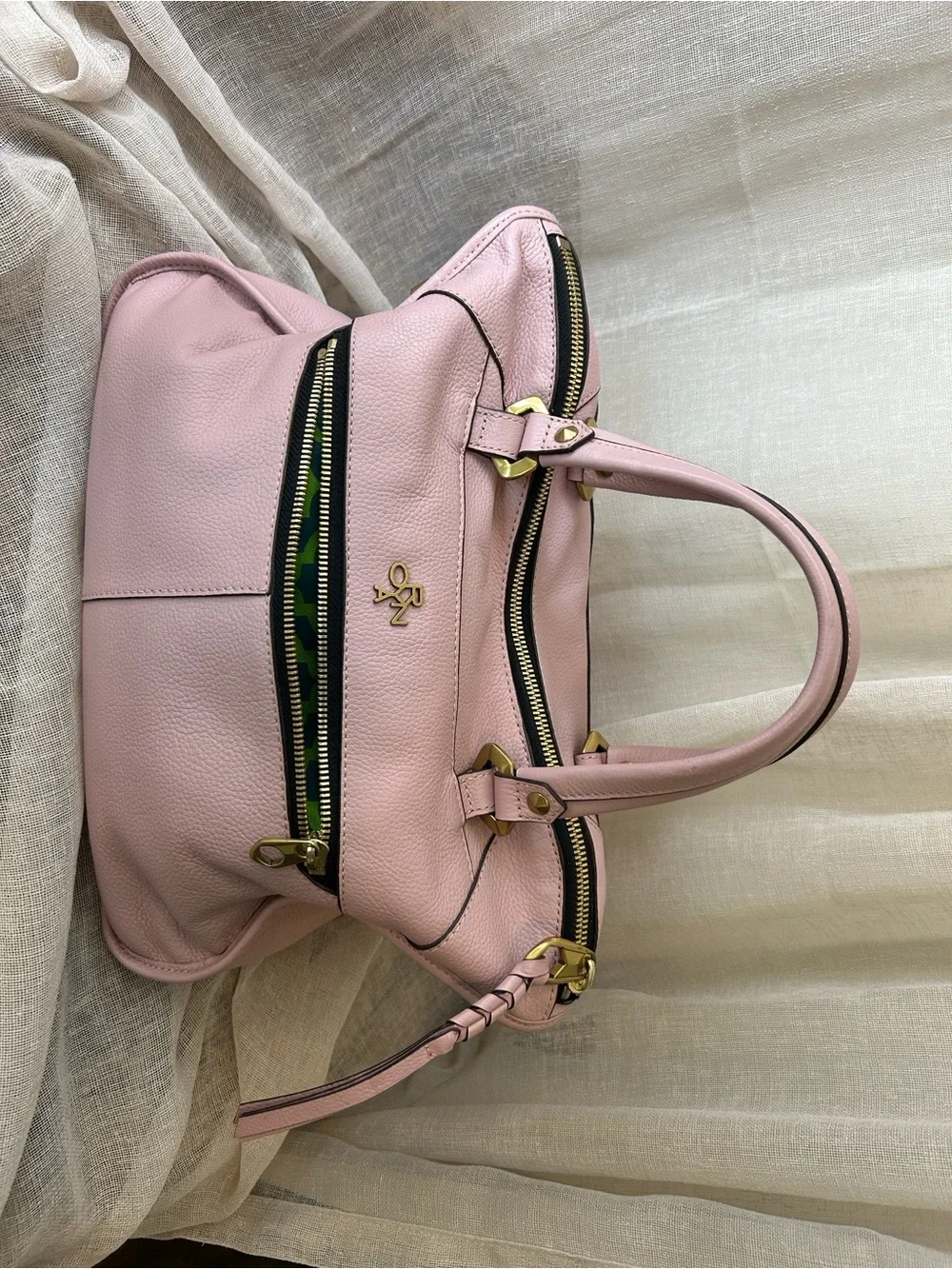 Peony Pink Pebbled Leather Shoulder Bag with Gold Accents